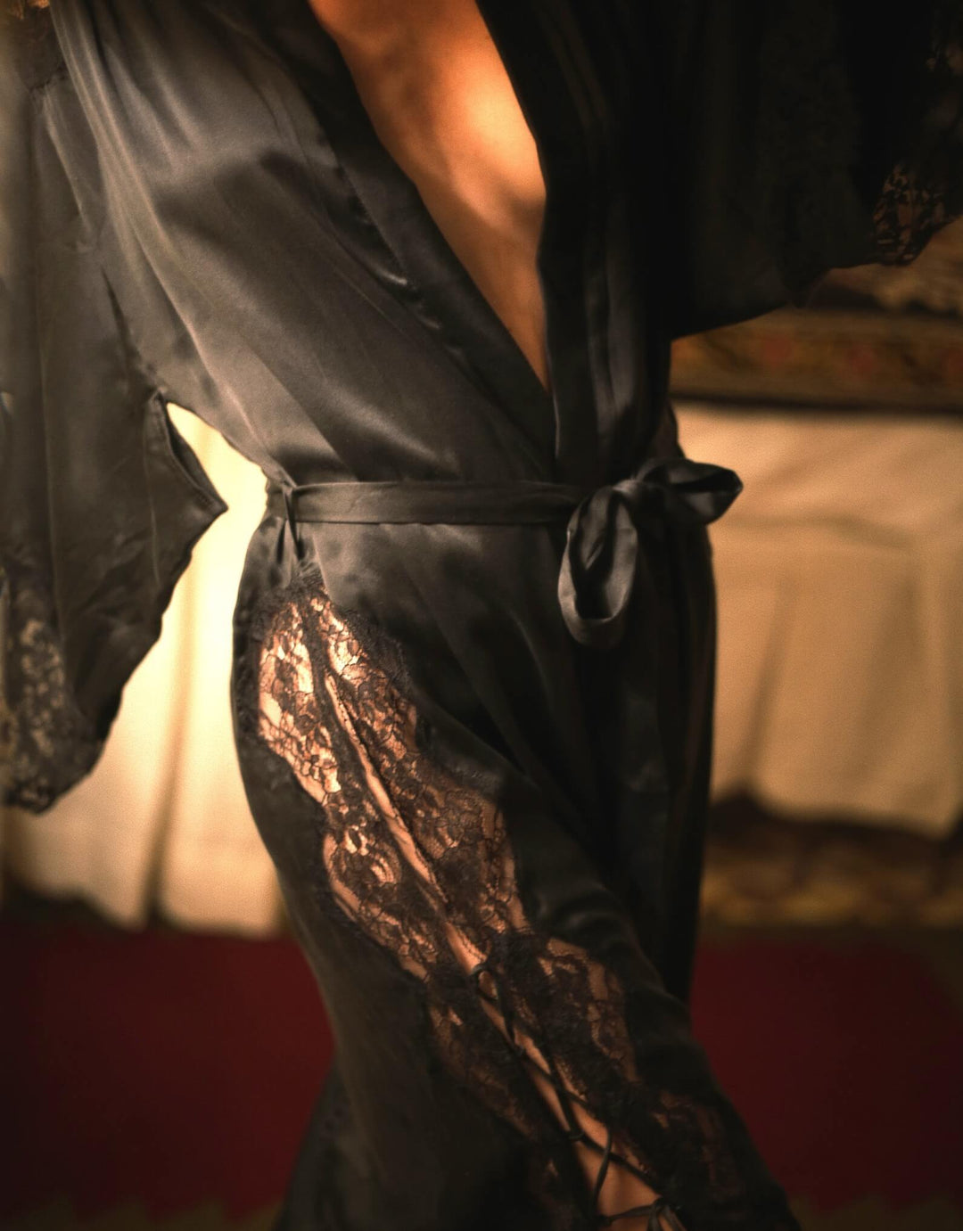 Shell Belle Couture Evelyn Kimono – long black silk robe with French lace, a luxurious gift idea from Catriona