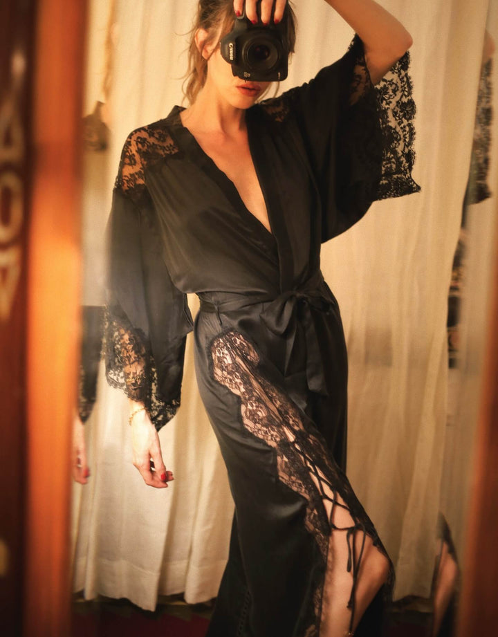 Shell Belle Couture Evelyn Kimono – long black silk robe with French lace, a luxurious gift idea from Catriona