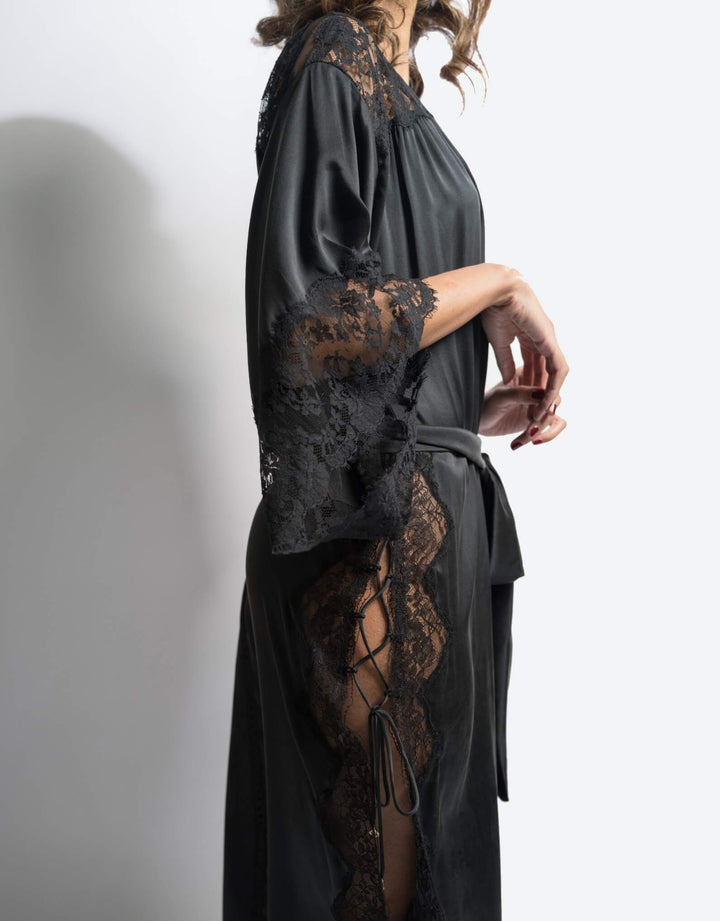 Shell Belle Couture Evelyn Kimono – long black silk robe with French lace, a luxurious gift idea from Catriona