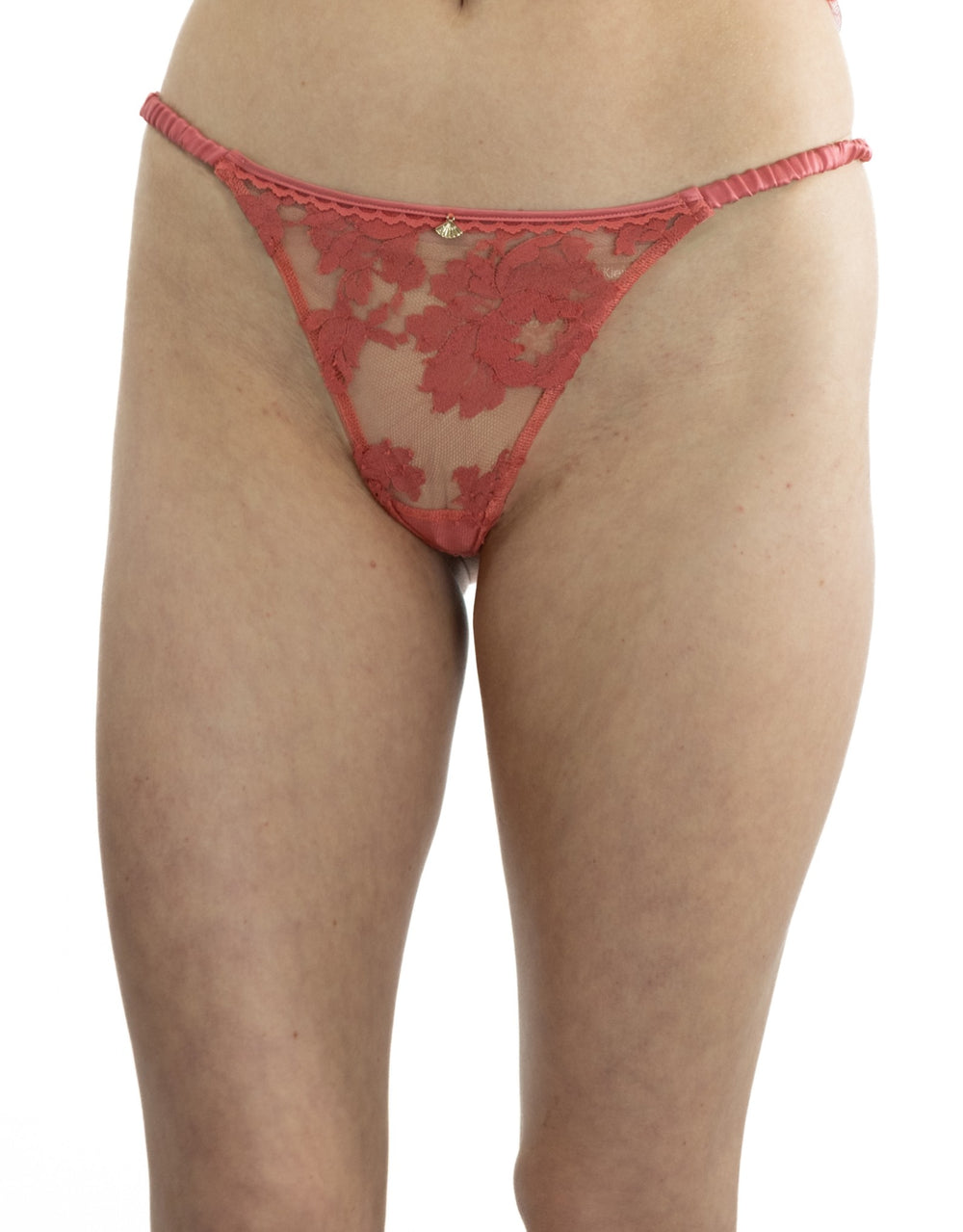 Shell Belle Couture thong in Orange Blossom lace with gold fan trim, silk straps, and bow detail at the back
