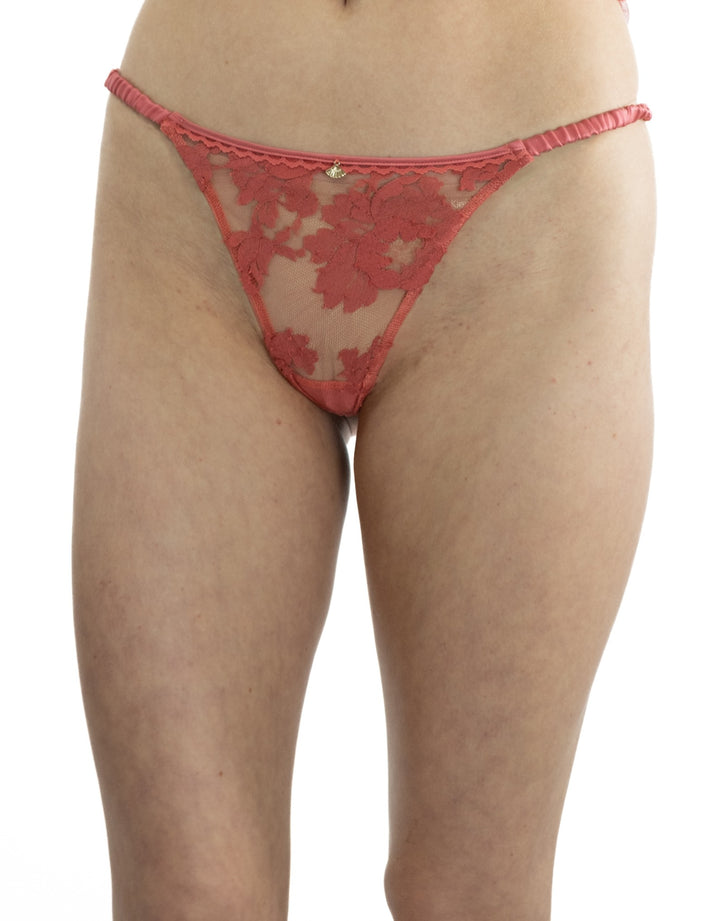 Shell Belle Couture thong in Orange Blossom lace with gold fan trim, silk straps, and bow detail at the back