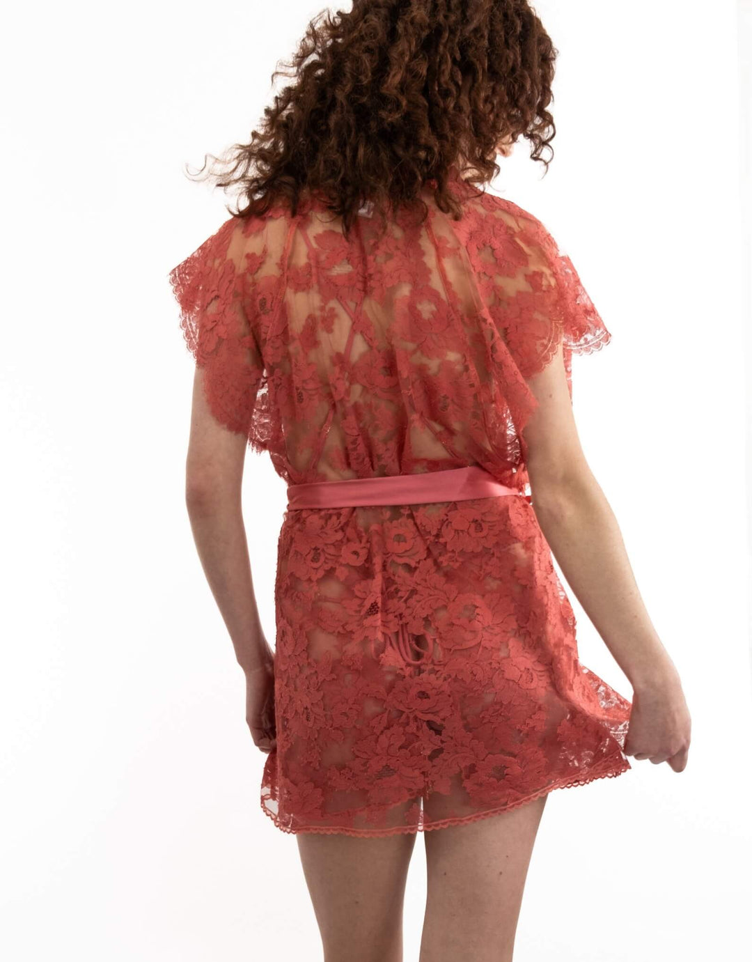 Grace Kimono by Shell Belle Couture in Orange Blossom French lace with scalloped sleeves and sandwashed silk sash