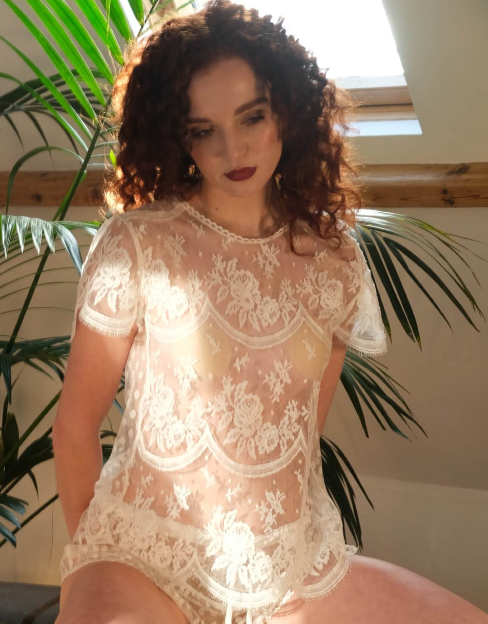 Shell Belle Couture French Rose Lace-T with appliqué lace, penny spot tulle, and Art Deco lace short sleeves.