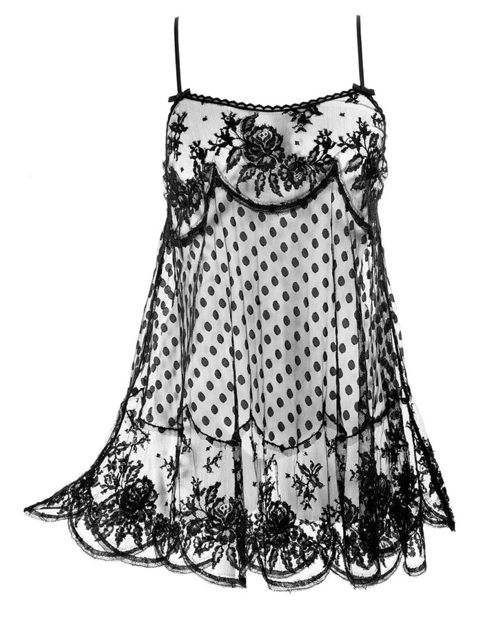 Iris Lace Babydoll by Shell Belle Couture in spot tulle with appliquéd French Rose Lace and silk bows – available at Catriona