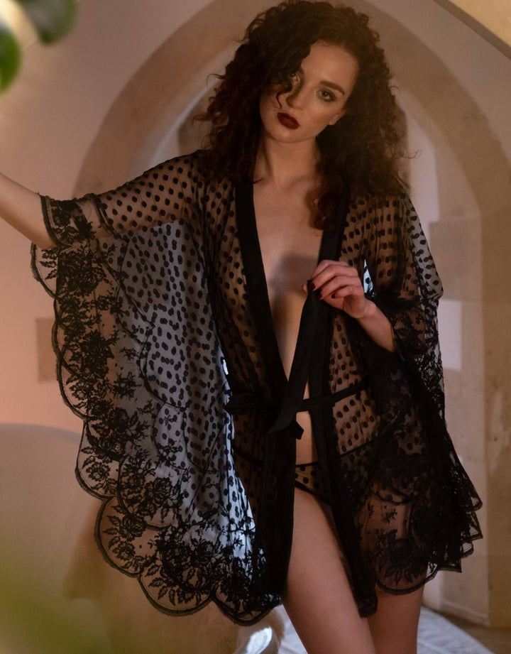 Shell Belle Couture Iris Spot Kimono in black tulle with French Leavers Lace and silk  – available at Catriona