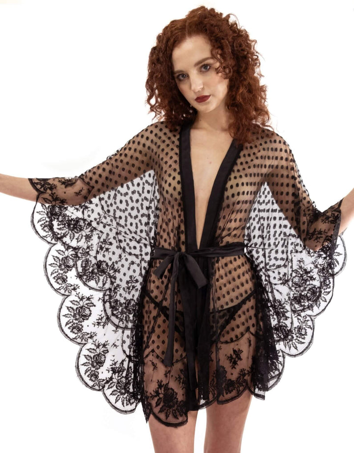 Shell Belle Couture Iris Spot Kimono in black tulle with French Leavers Lace and silk  – available at Catriona