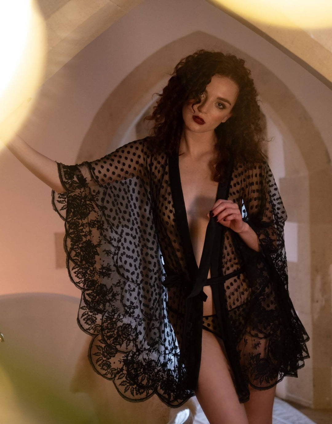 Shell Belle Couture Iris Spot Kimono in black tulle with French Leavers Lace and silk  – available at Catriona