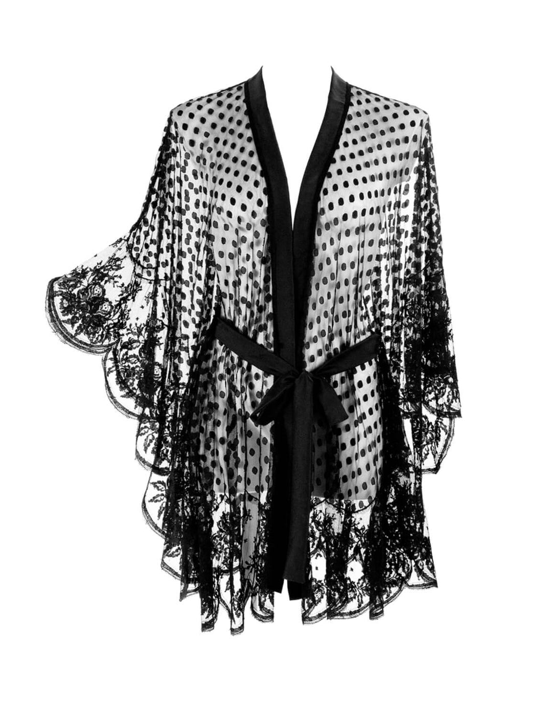 Shell Belle Couture Iris Spot Kimono in black tulle with French Leavers Lace and silk  – available at Catriona