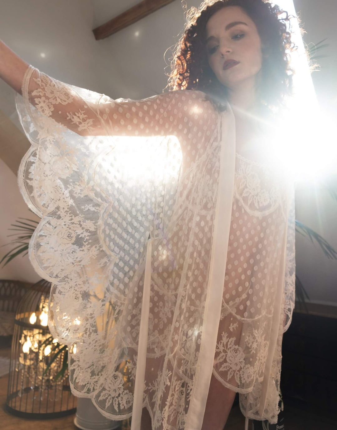 Luxury kimono by Shell Belle Couture featuring butterfly silhouette and lace appliqué