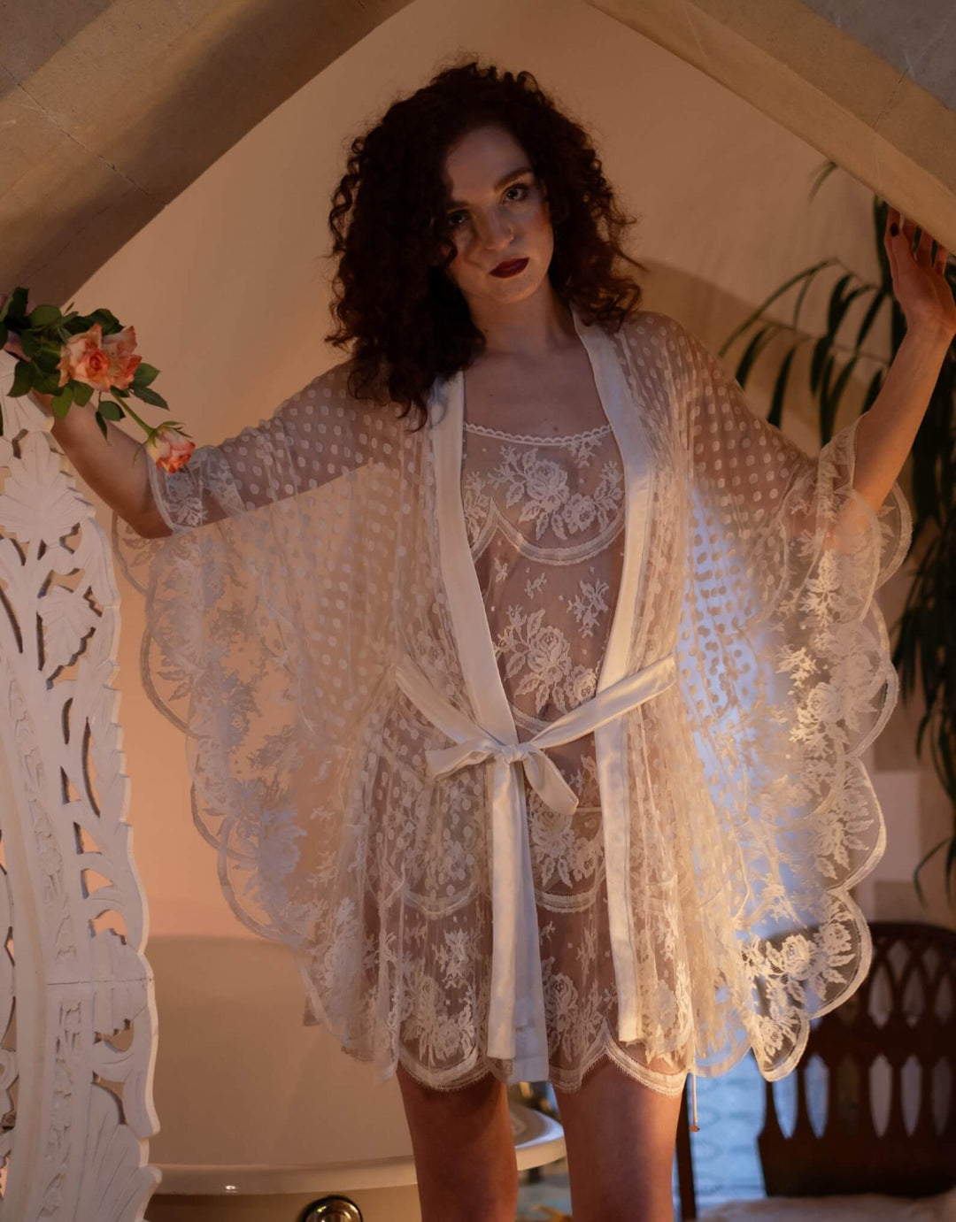 Luxury kimono by Shell Belle Couture featuring butterfly silhouette and lace appliqué