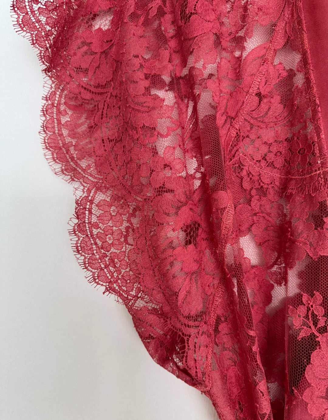 Grace Kimono by Shell Belle Couture in Orange Blossom French lace with scalloped sleeves and sandwashed silk sash