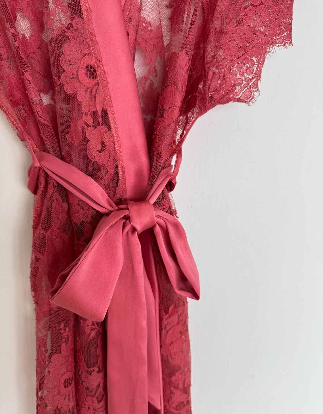 Grace Kimono by Shell Belle Couture in Orange Blossom French lace with scalloped sleeves and sandwashed silk sash