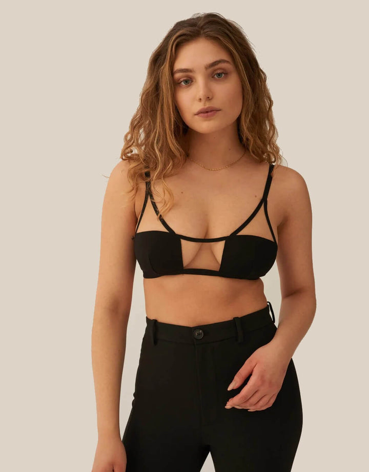 Black triangle bra with cutouts
