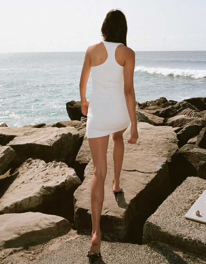 Ziah Asymmetric Race Slip Dress Off White Stretch Cotton