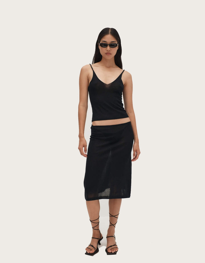 Back View of Ziah Sheer Knit Low-Rise Skirt in Black - Sheer Design with Organic Cotton