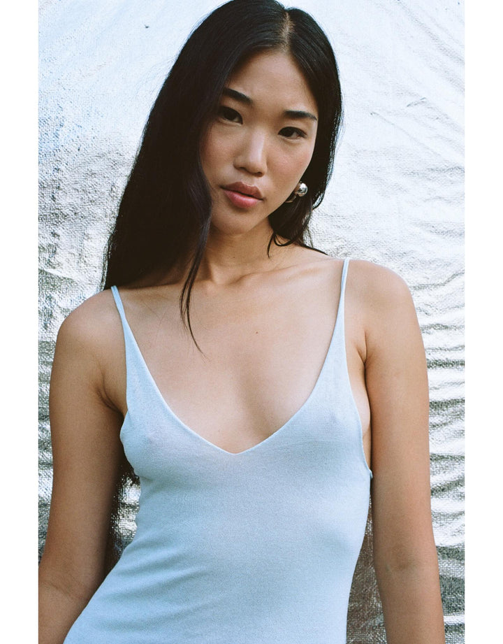 Ziah Sheer Knit Mini Dress in Misty Blue Organic Cotton