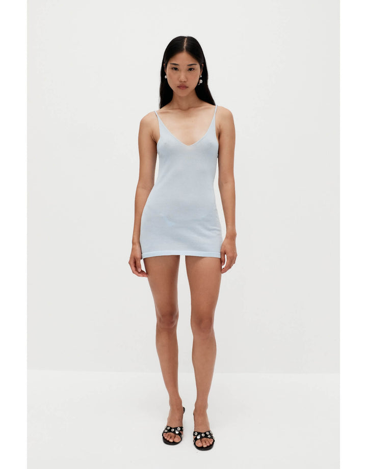 Ziah Sheer Knit Mini Dress in Misty Blue Organic Cotton