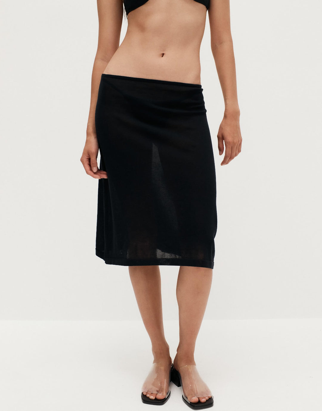 Back View of Ziah Sheer Knit Low-Rise Skirt in Black - Sheer Design with Organic Cotton