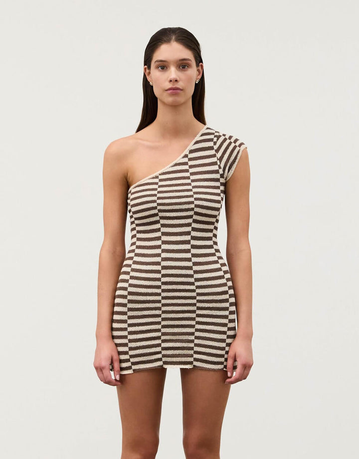 Cocoa Grid Textured One Shoulder Knit Dress