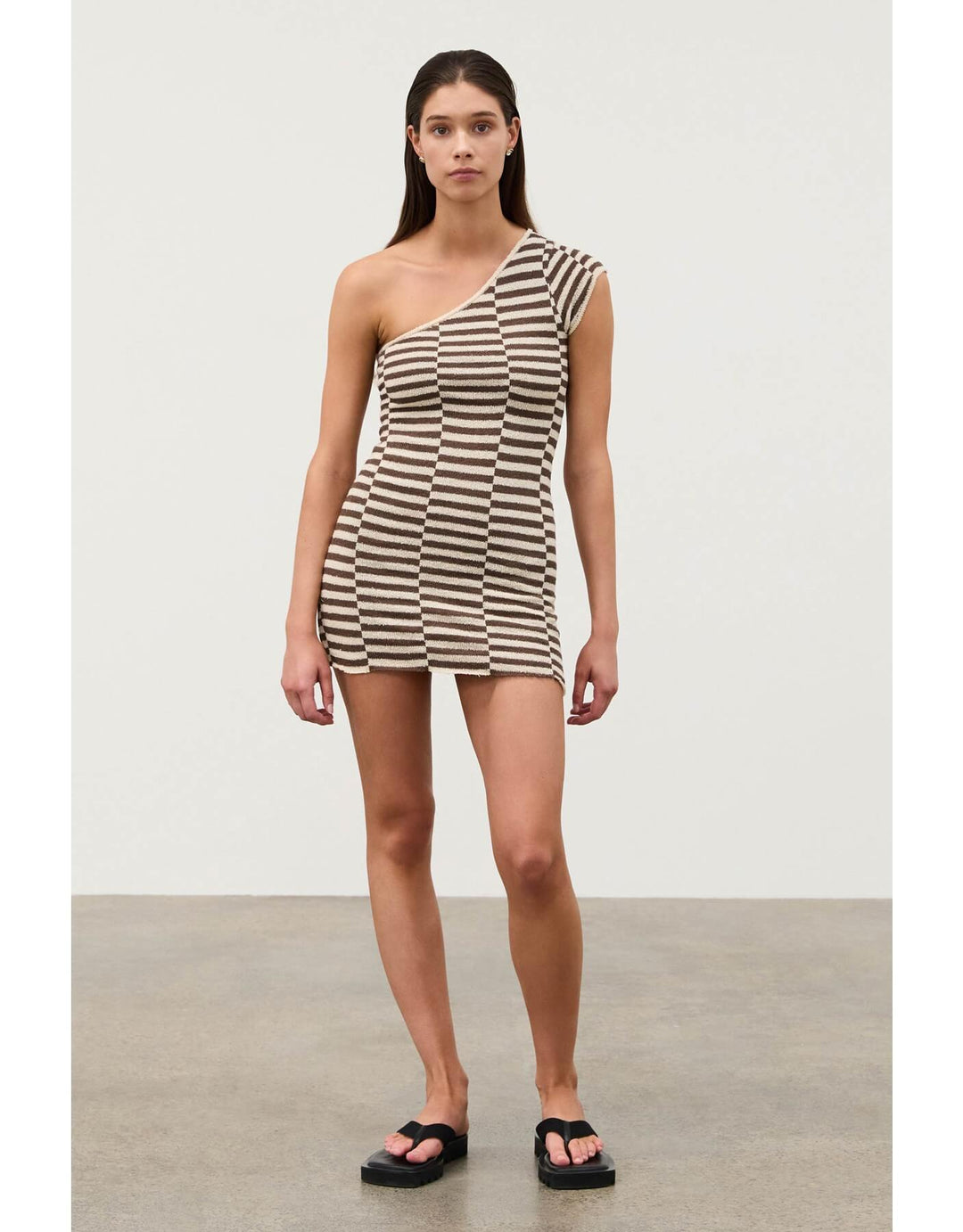 Cocoa Grid Textured One Shoulder Knit Dress