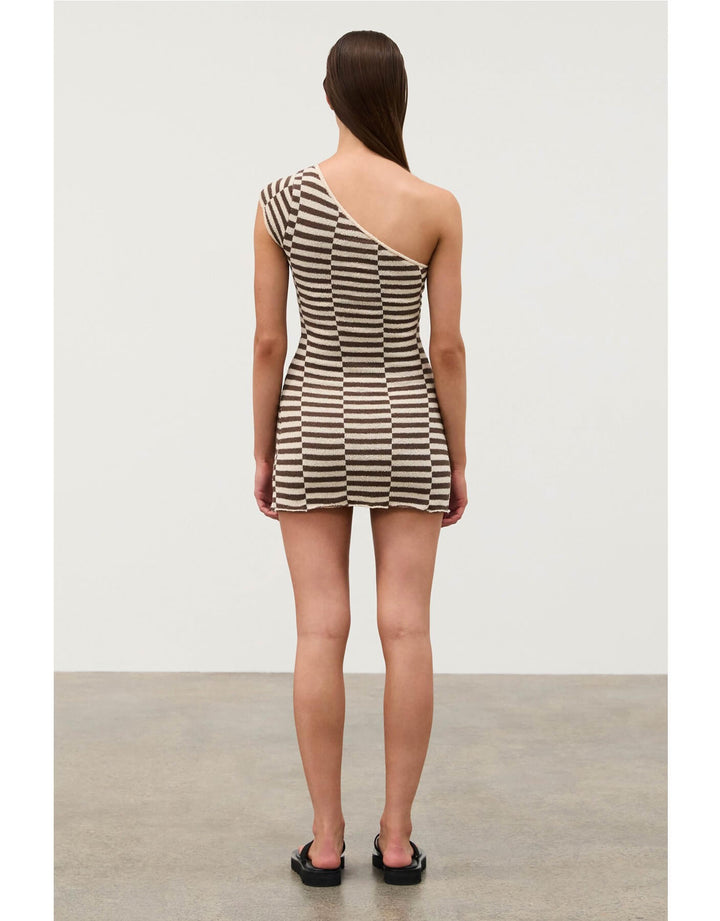Cocoa Grid Textured One Shoulder Knit Dress