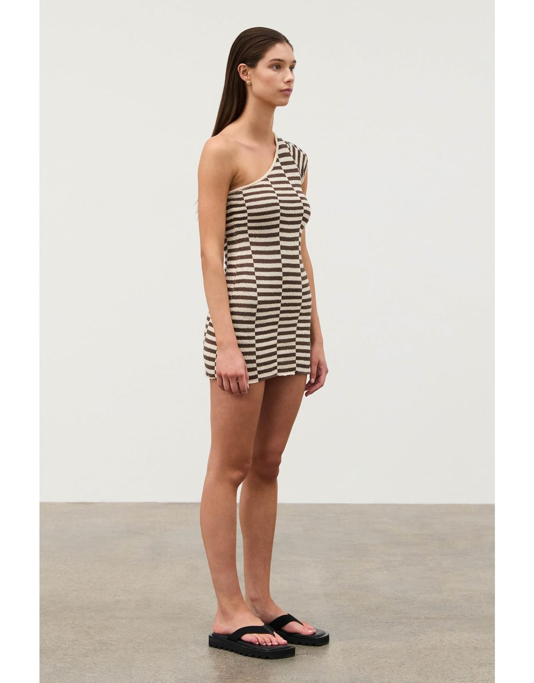 Cocoa Grid Textured One Shoulder Knit Dress