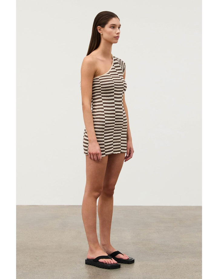 Cocoa Grid Textured One Shoulder Knit Dress