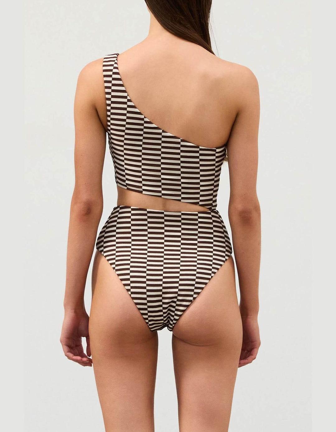 Zulu & Zephyr Cocoa Grid Textured One Piece Swimsuit – One-Shoulder Design & Cut-Out Waist