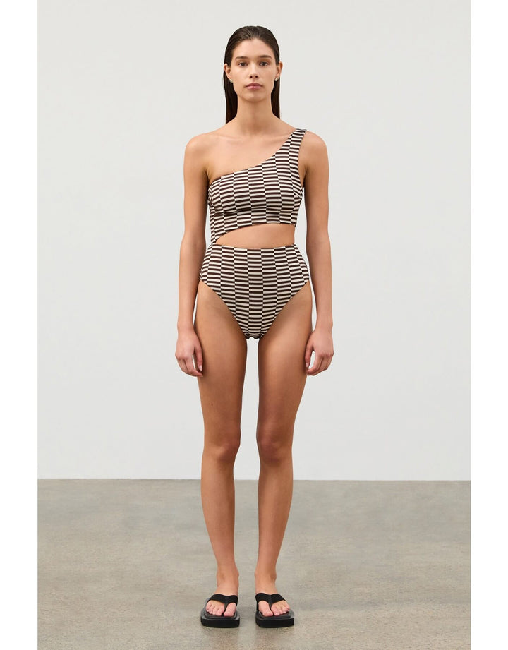 Zulu & Zephyr Cocoa Grid Textured One Piece Swimsuit – One-Shoulder Design & Cut-Out Waist