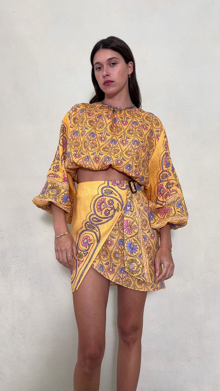 Boteh Darjeeling Wrap Mini Skirt, Mango Linen Resort wear