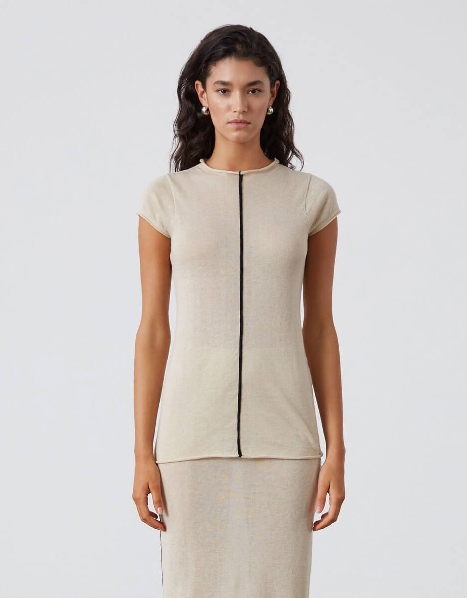 Zulu and Zephyr Stone Contrast Cotton Blend Knit Top