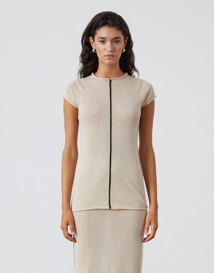 Zulu and Zephyr Stone Contrast Cotton Blend Knit Top