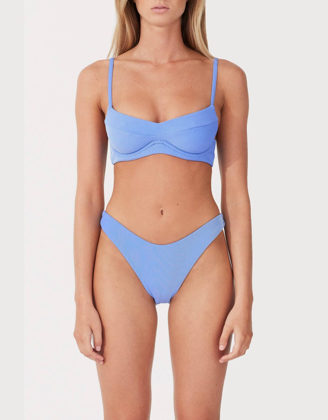 Zulu and Zephyr Sky Stripe Rib Curve Bikini Bottom - Blue