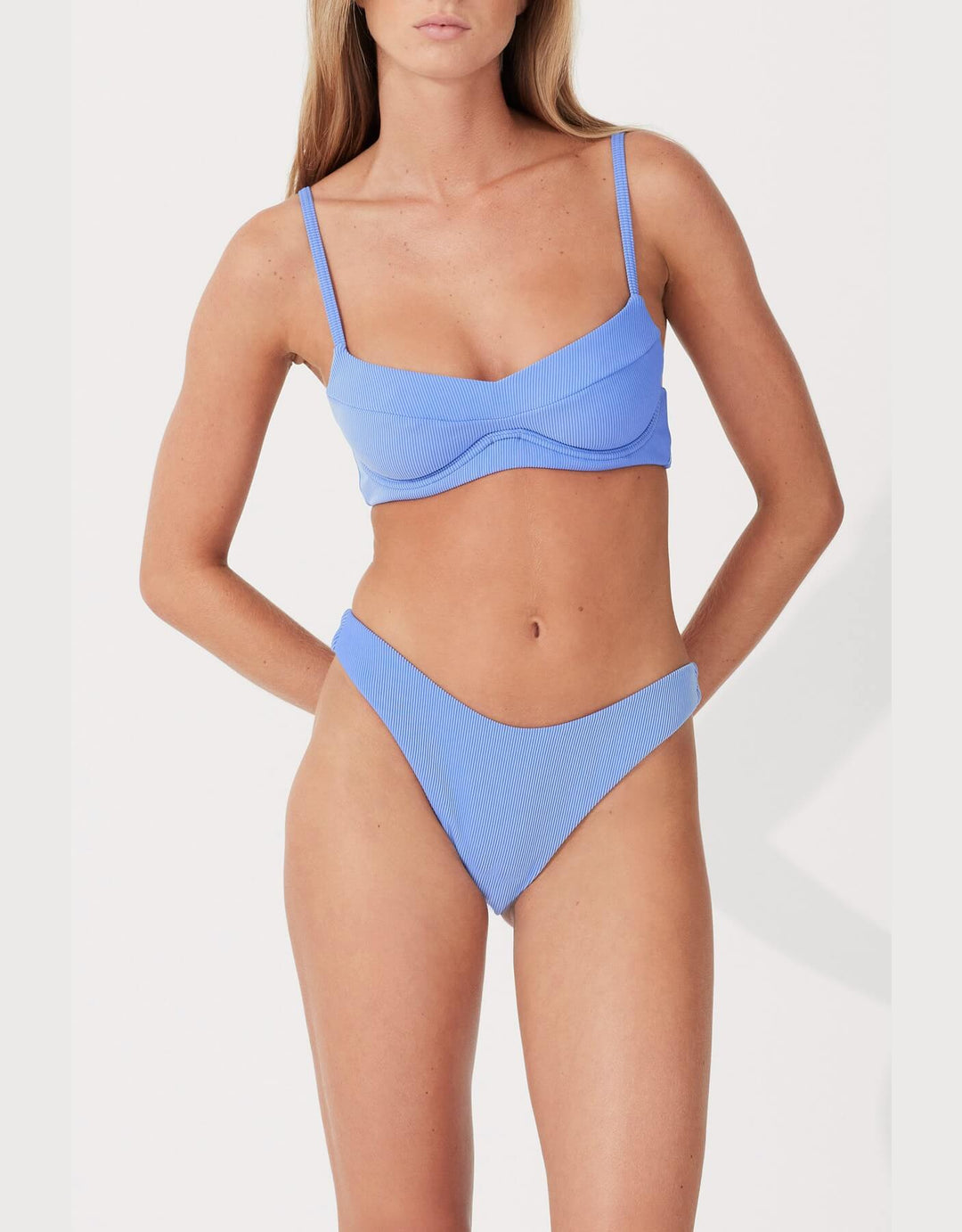 Zulu and Zephyr Sky Stripe Rib Curve Bikini Bottom - Blue