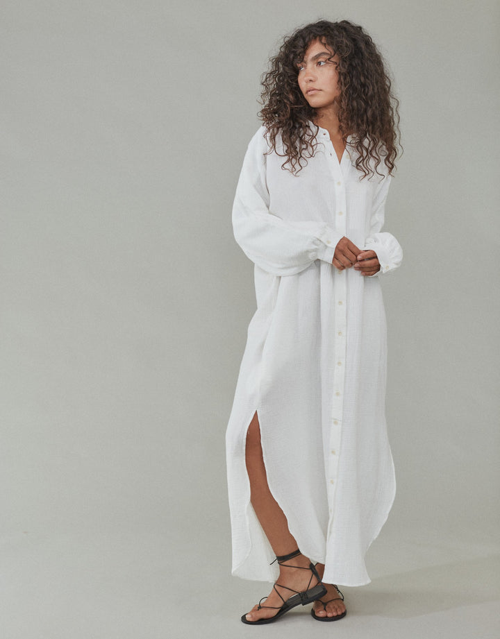 Acacia Lena Organic Cotton Gauze Maxi Shirt Dress - Soft White