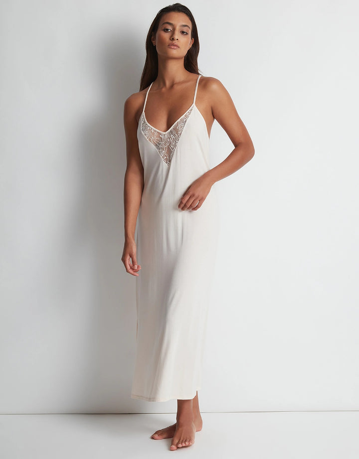 Aubade Lazy Days Long Nightie in Cream with lace neckline and low cross-back straps.