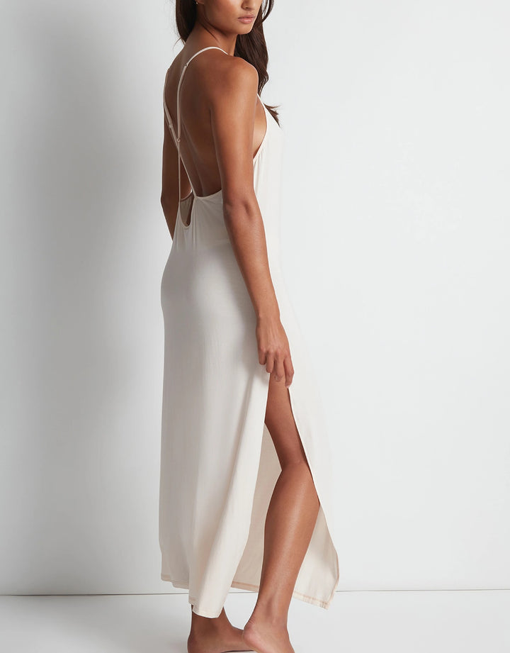 Aubade Lazy Days Long Nightie in Cream with lace neckline and low cross-back straps.