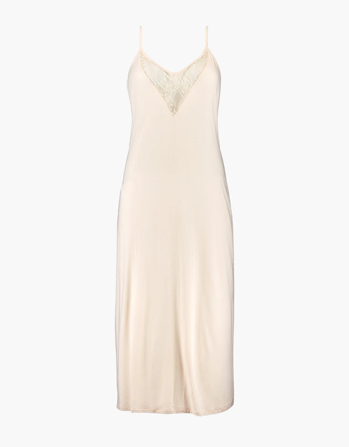 Aubade Lazy Days Long Nightie in Cream with lace neckline and low cross-back straps.