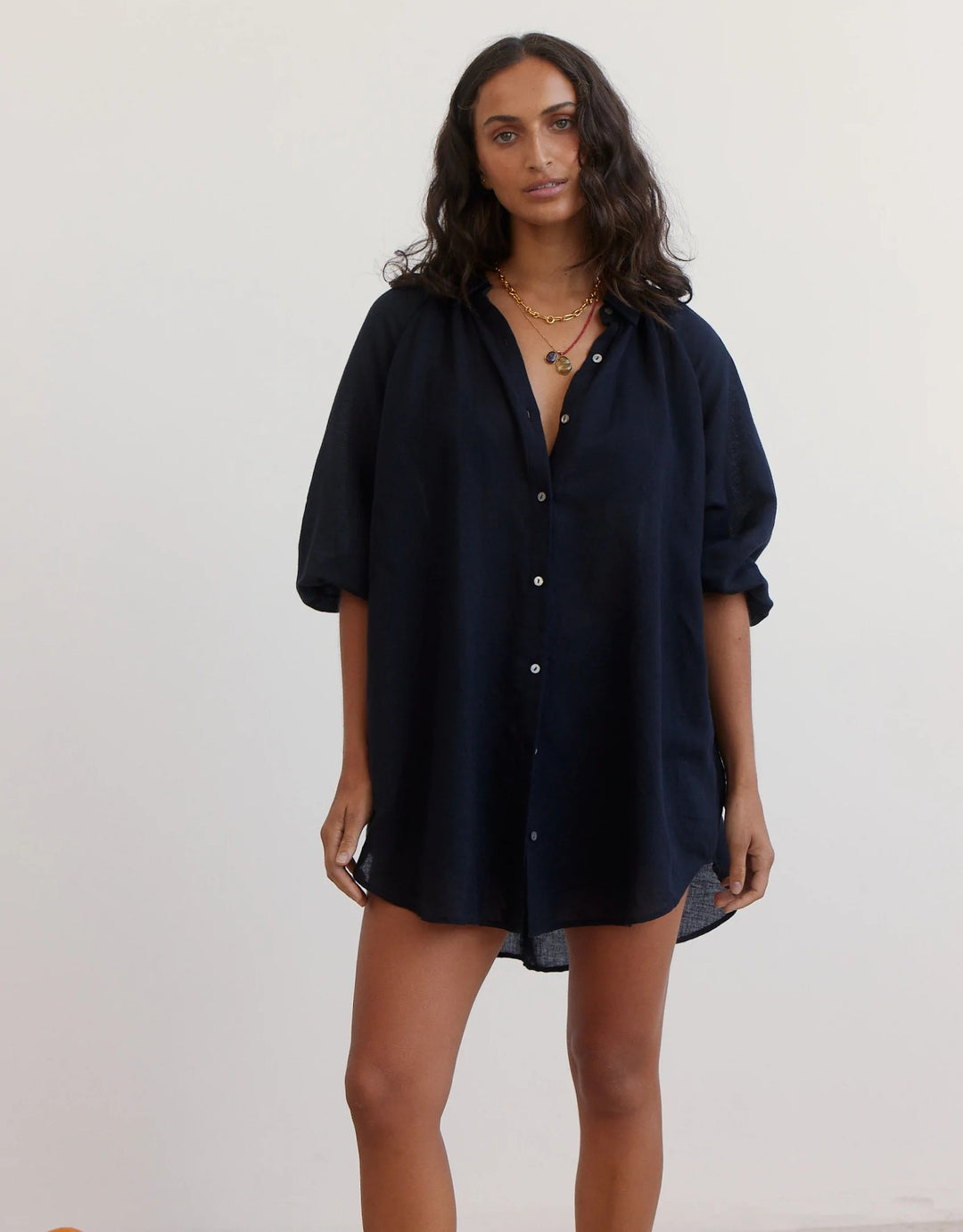 Boteh La Ponche Shirt Black Cotton Linen Beachwear