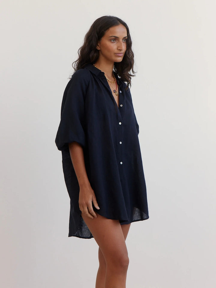 Boteh La Ponche Shirt Black Cotton Linen Beachwear