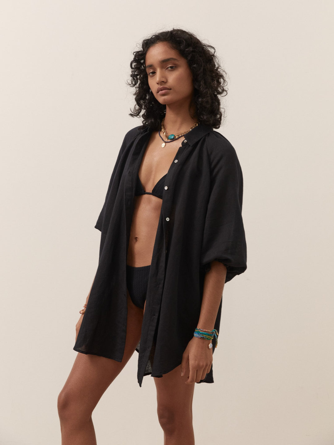 Boteh La Ponche Shirt Black Cotton Linen Beachwear