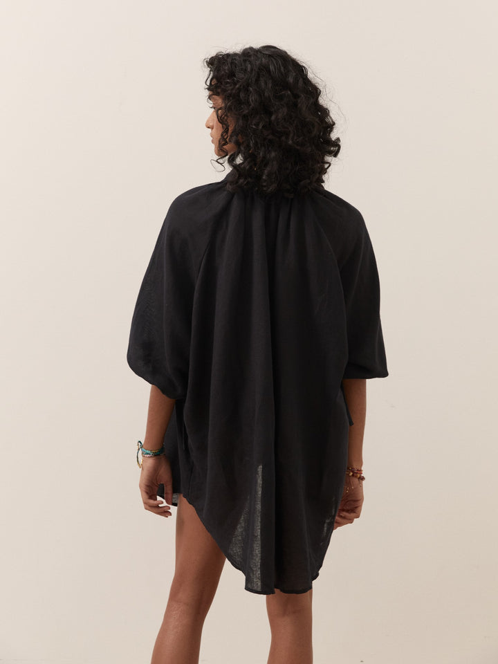 Boteh La Ponche Shirt Black Cotton Linen Beachwear