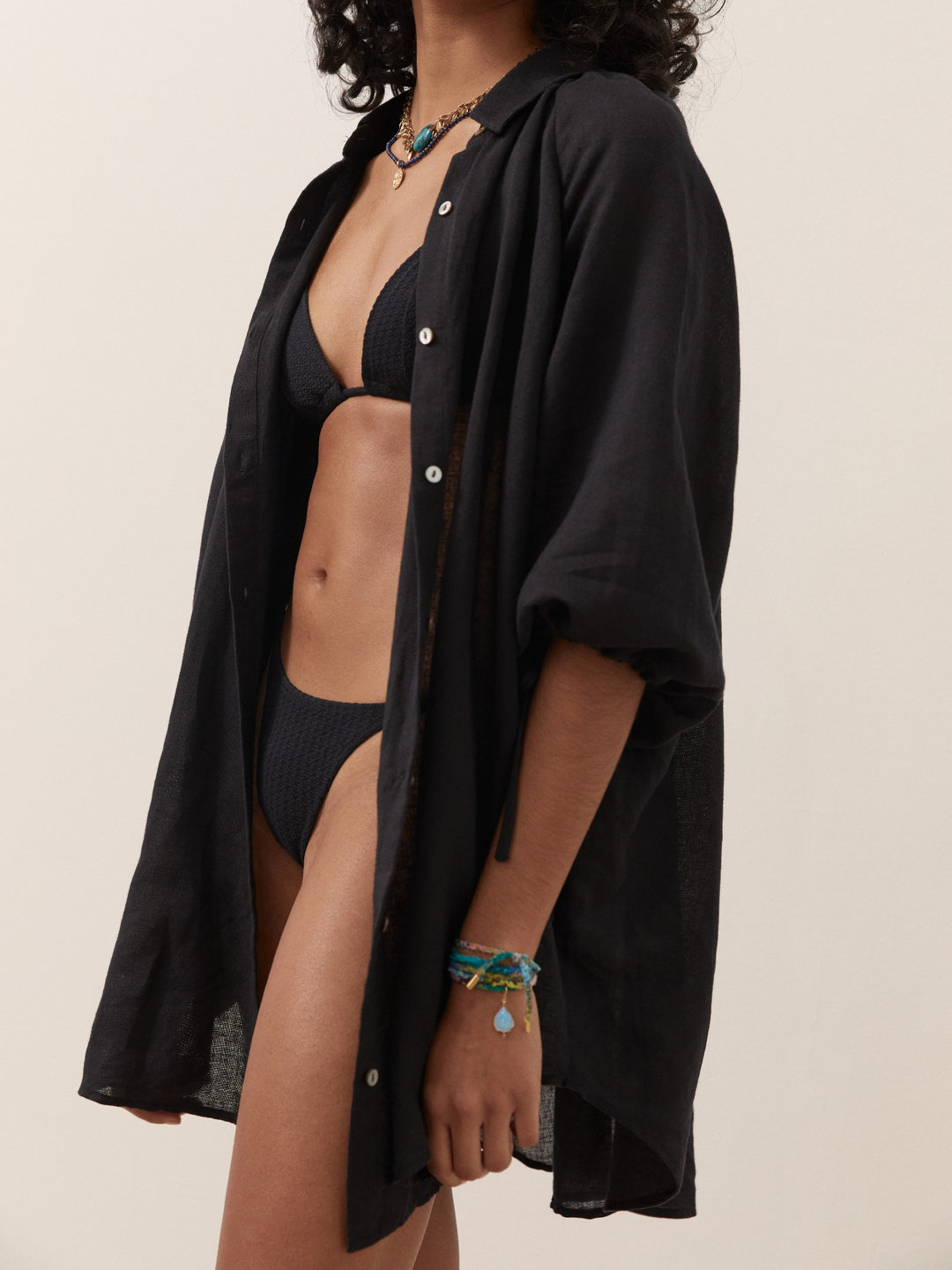 Boteh La Ponche Shirt Black Cotton Linen Beachwear