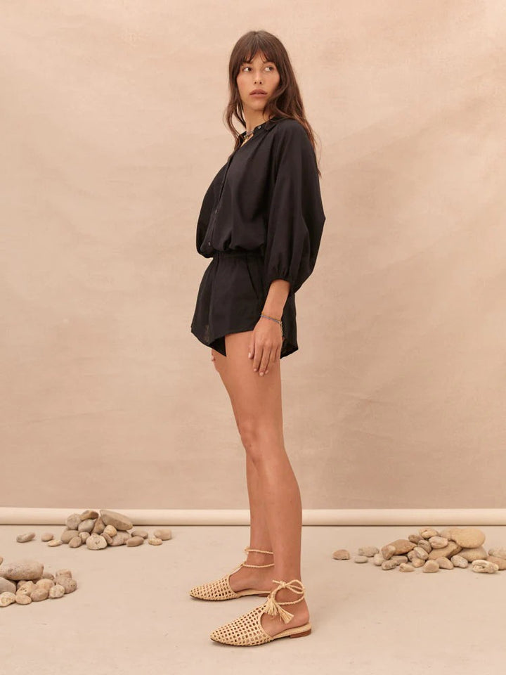 Boteh La Ponche Shirt Black Cotton Linen Beachwear