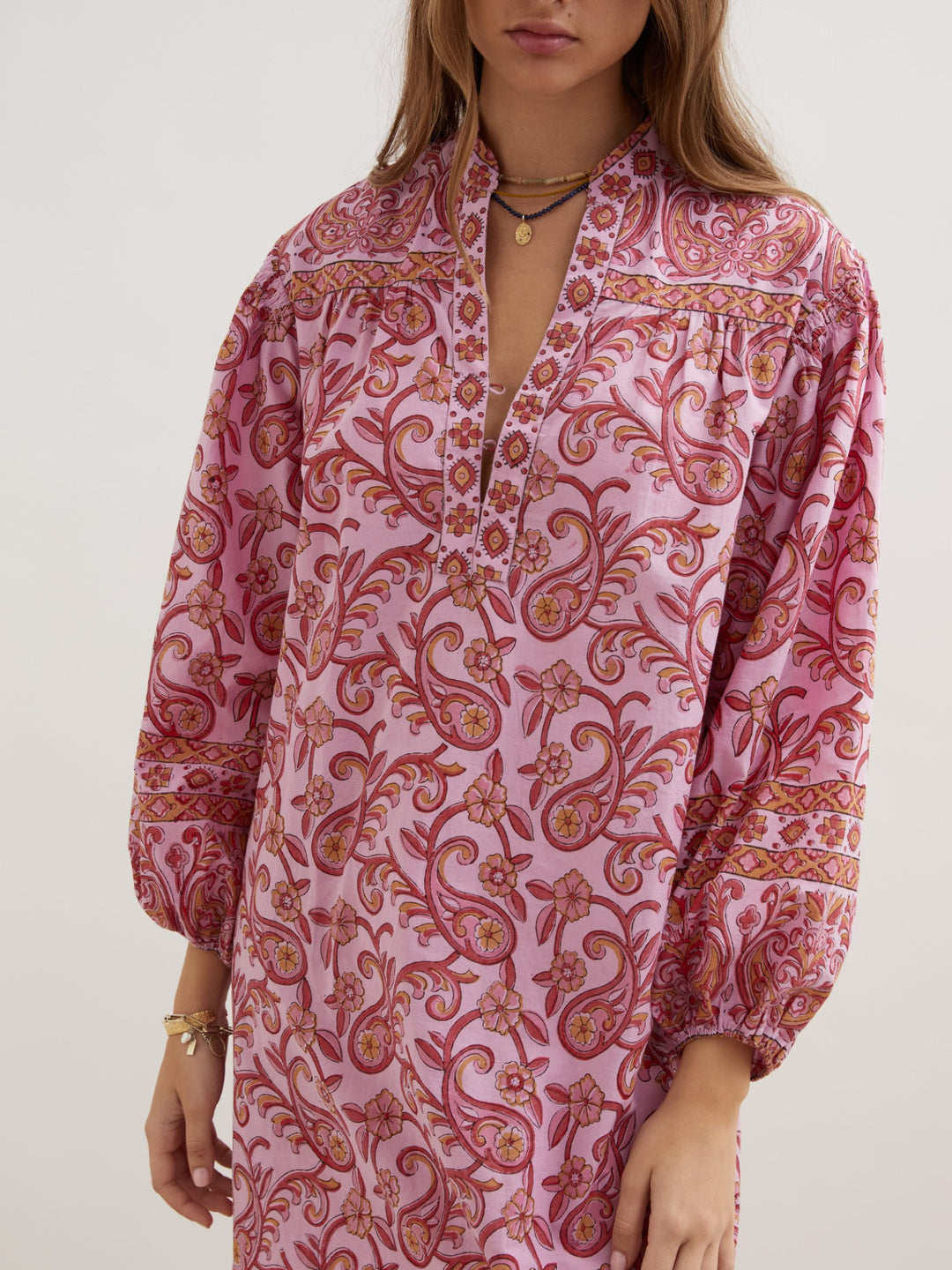 Boteh Kiki Nazar Midi Cotton Dress - Pink