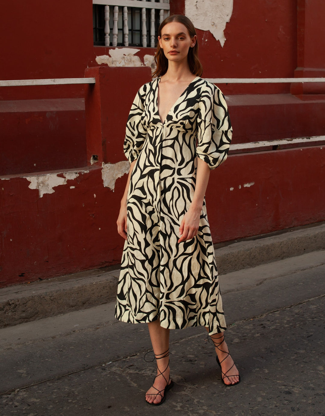 Cala de la Cruz Nane Linen Dress Black White Print