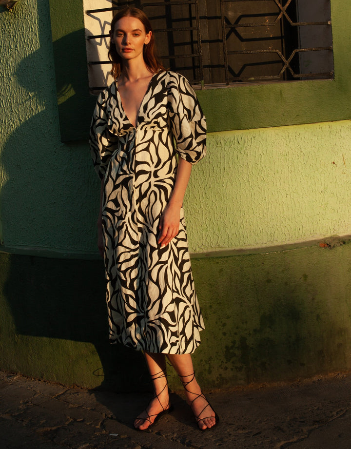 Cala de la Cruz Nane Linen Dress Black White Print