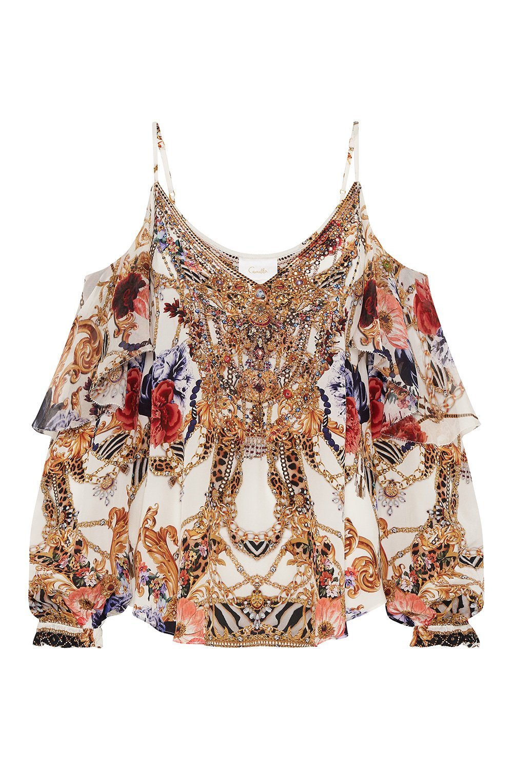 Camilla Drop Shoulder Ruffle Silk Blouse, Reign Supreme Designer Beachwear