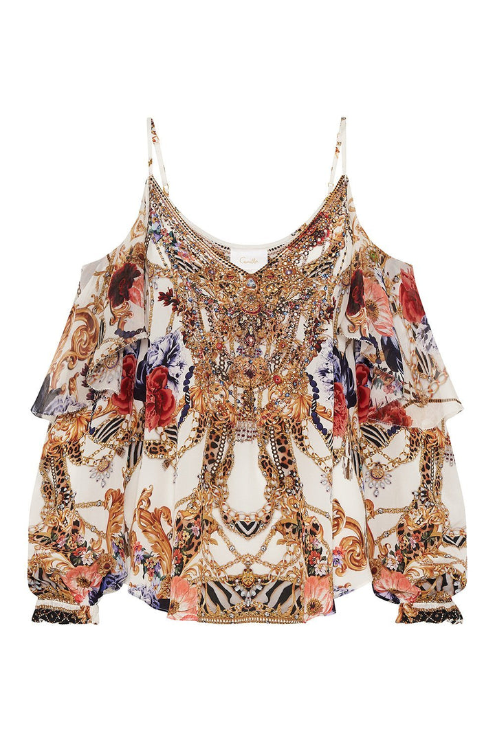 Camilla Drop Shoulder Ruffle Silk Blouse, Reign Supreme Designer Beachwear