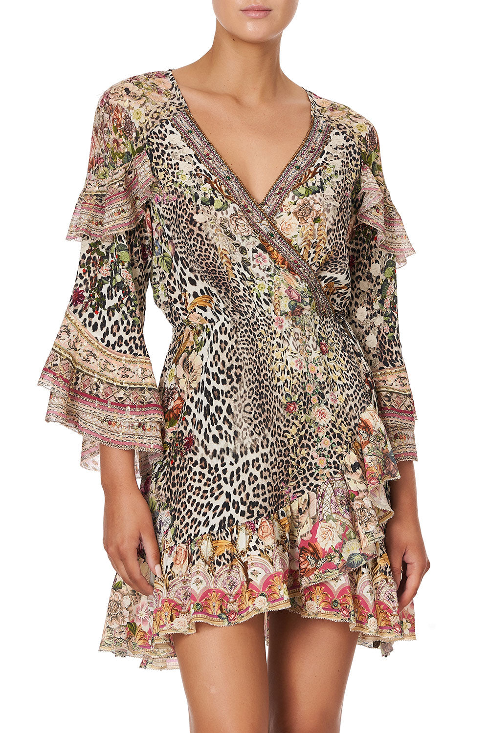 Camilla Embellished Silk Wrap Mini Dress Ruffles Anarchy at Annabels